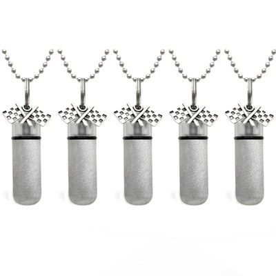 Set of FIVE Brushed Silver Racing Flags CREMATION URN Necklaces on 24" Steel Ball Chains - Includes Velvet Pouches and Fill Kit - image1